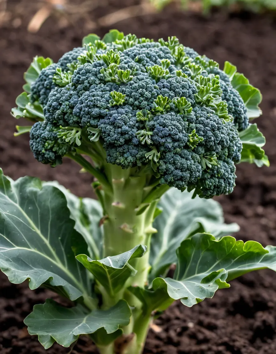 A broccoli plant with tight blue-green florets growing in the garden
