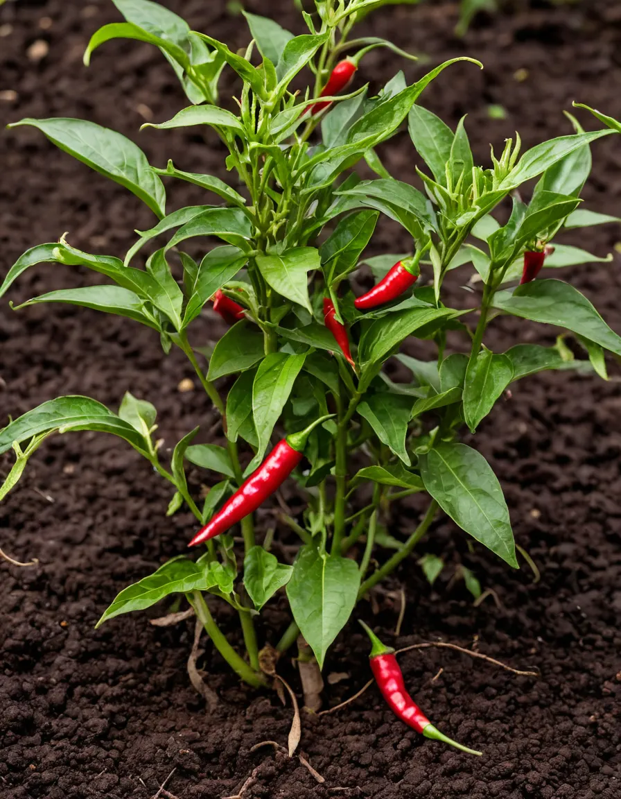 A chili pepper plant with clusters of ripening red chilies