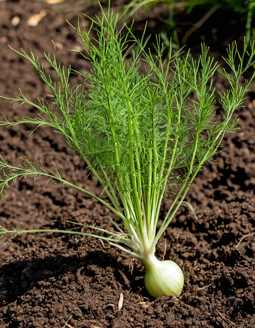 A fennel plant with a pale bulb and feathery fronds