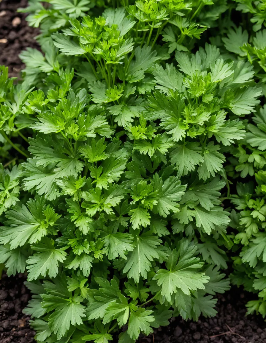 A cluster of flat-leaf parsley with dark green serrated leaves