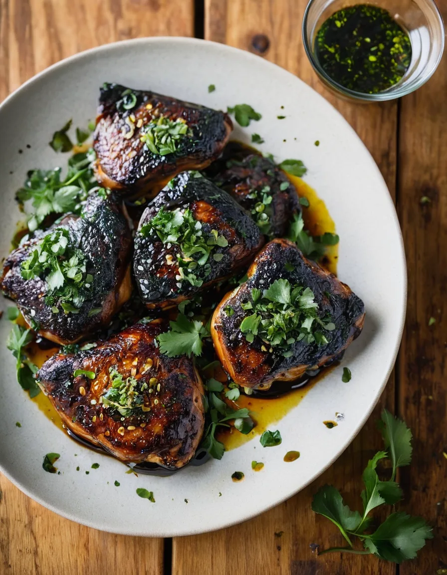 Sliced charred lemongrass chicken thighs on a board with cucumber, cilantro, and a bowl of nuoc cham dipping sauce
