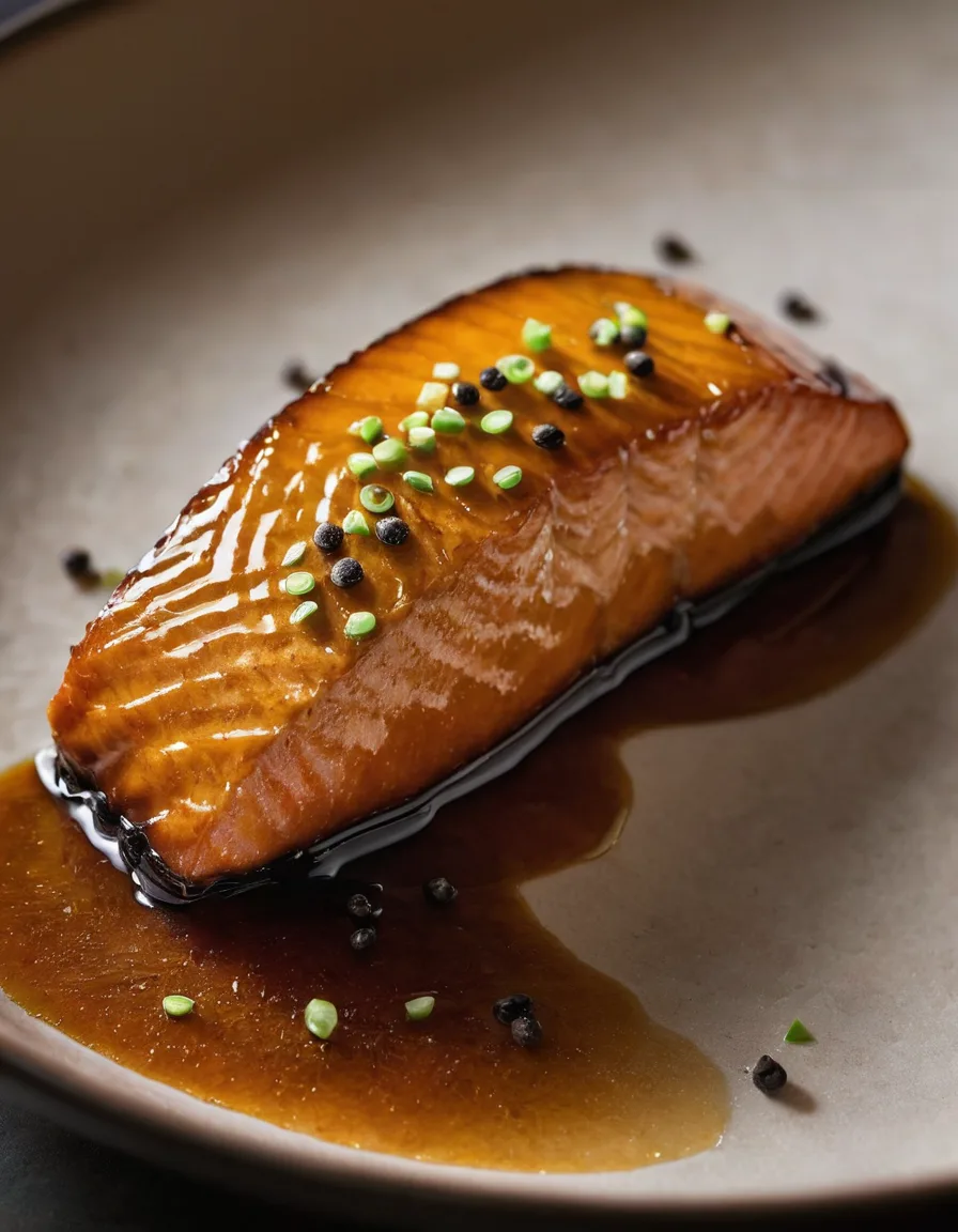 Broiled miso-glazed salmon fillets with charred edges, topped with scallions and sesame seeds on a sheet pan