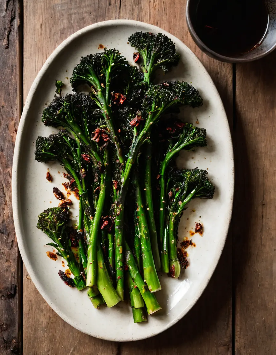 Charred broccolini with garlic and chili flakes on a cream plate