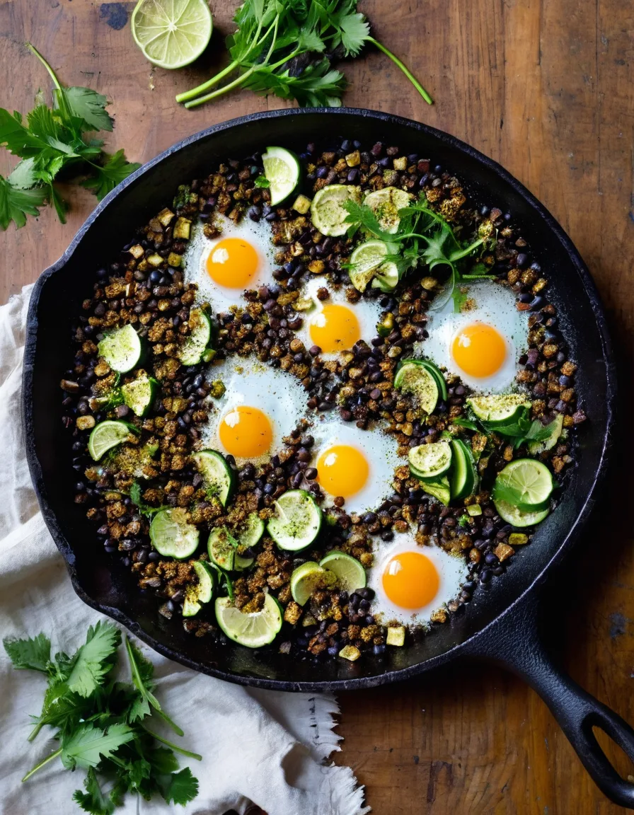 A cast-iron skillet of charred corn and black bean hash with four fried eggs nestled in wells, topped with crumbled cotija and cilantro, lime wedges on the side.