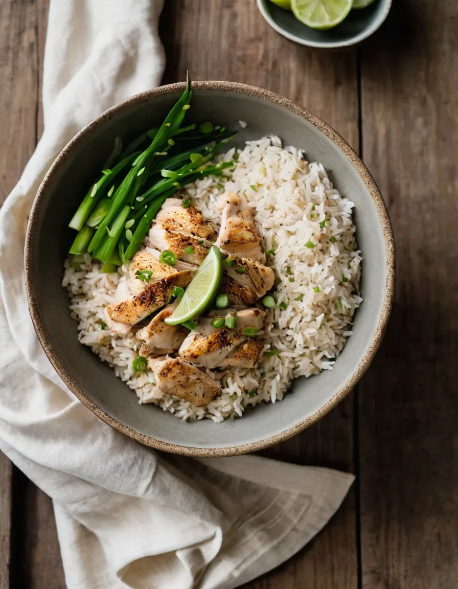 A bowl of coconut-lime chicken and rice with toasted coconut and lime