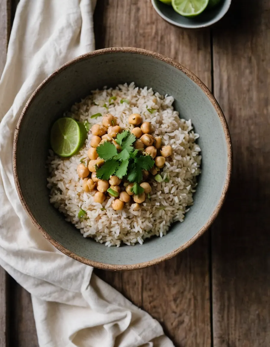 A bowl of coconut-lime chickpea rice with toasted coconut