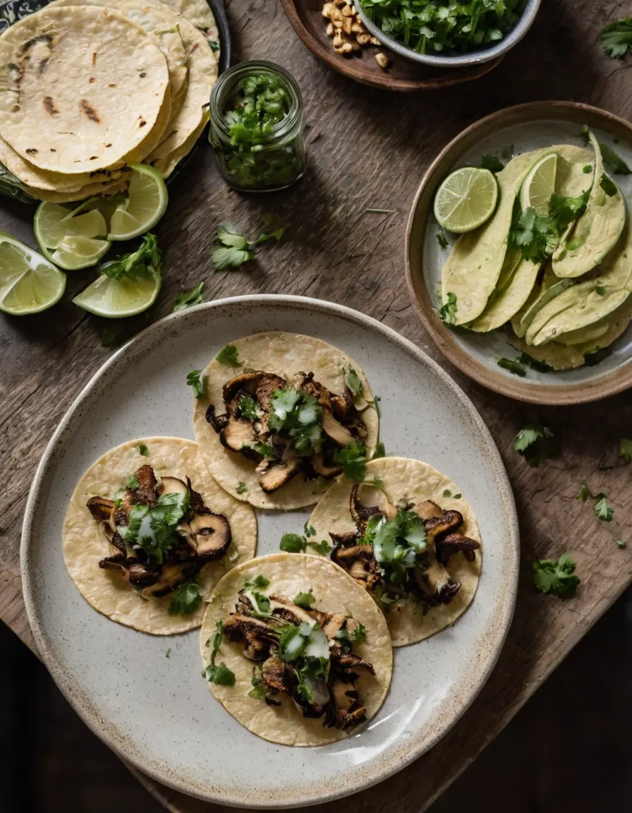 Crispy mushroom tacos in corn tortillas with lime and cilantro
