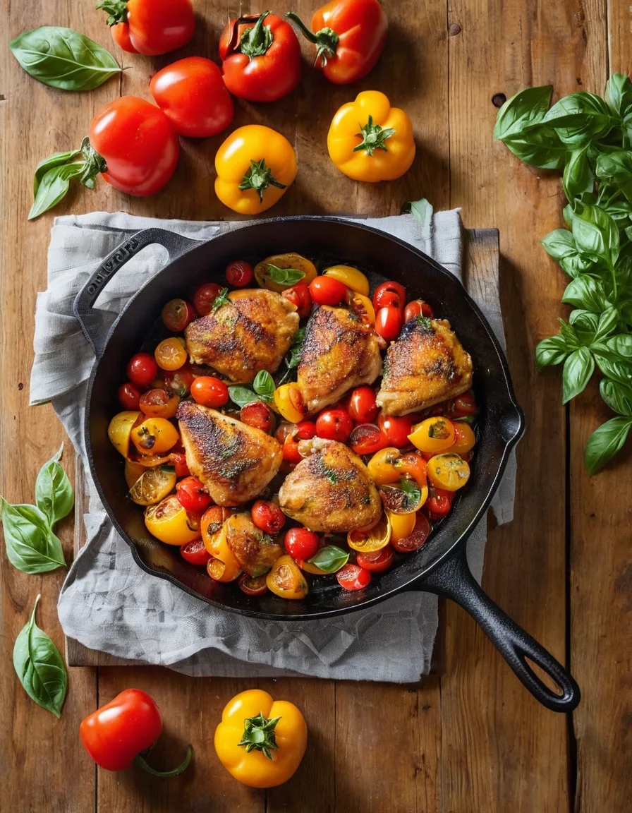 A cast iron skillet of crispy-skinned chicken thighs topped with a red bell pepper and cherry tomato peperonata sauce, garnished with fresh basil.