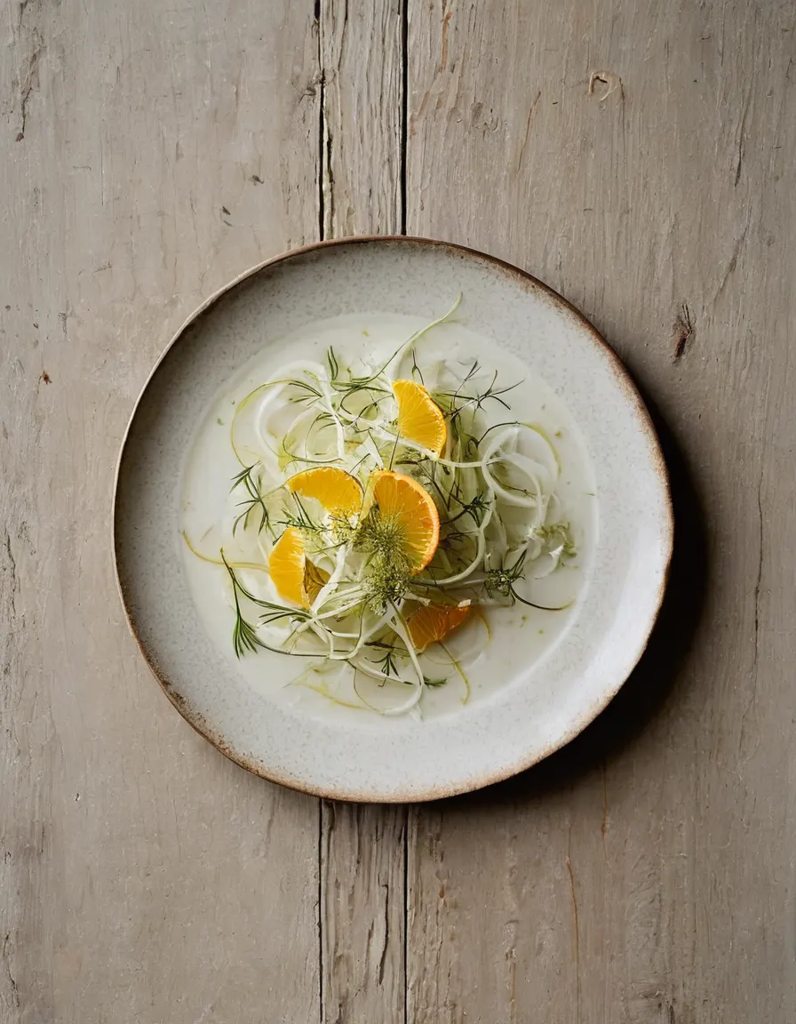 A fennel and orange salad with shaved fennel and citrus segments
