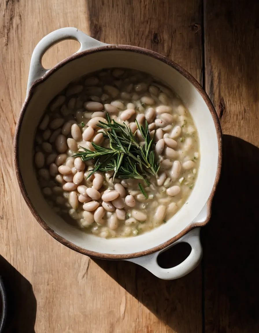A skillet of garlicky white beans with fresh herbs