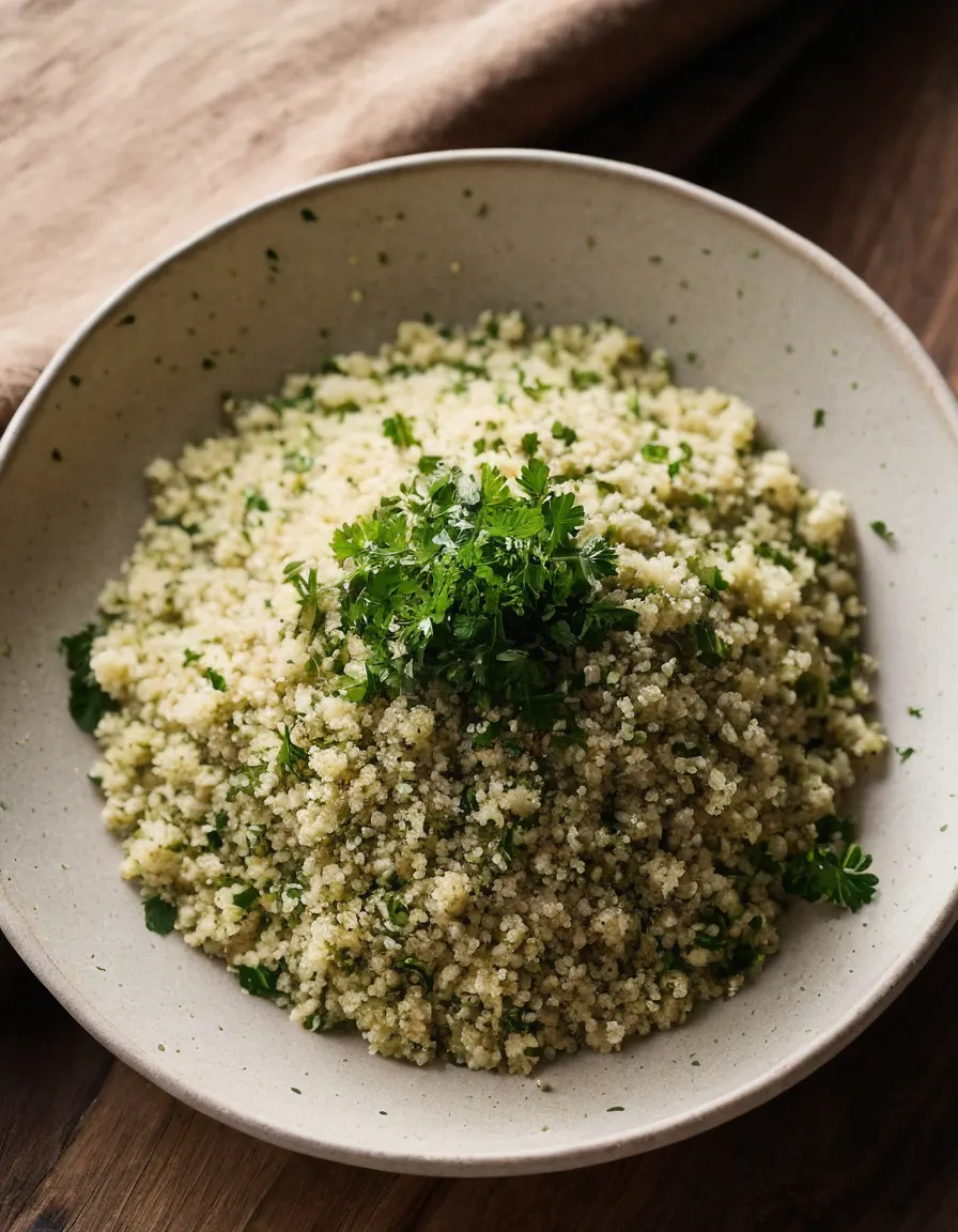 A plate of herbed couscous with chopped parsley