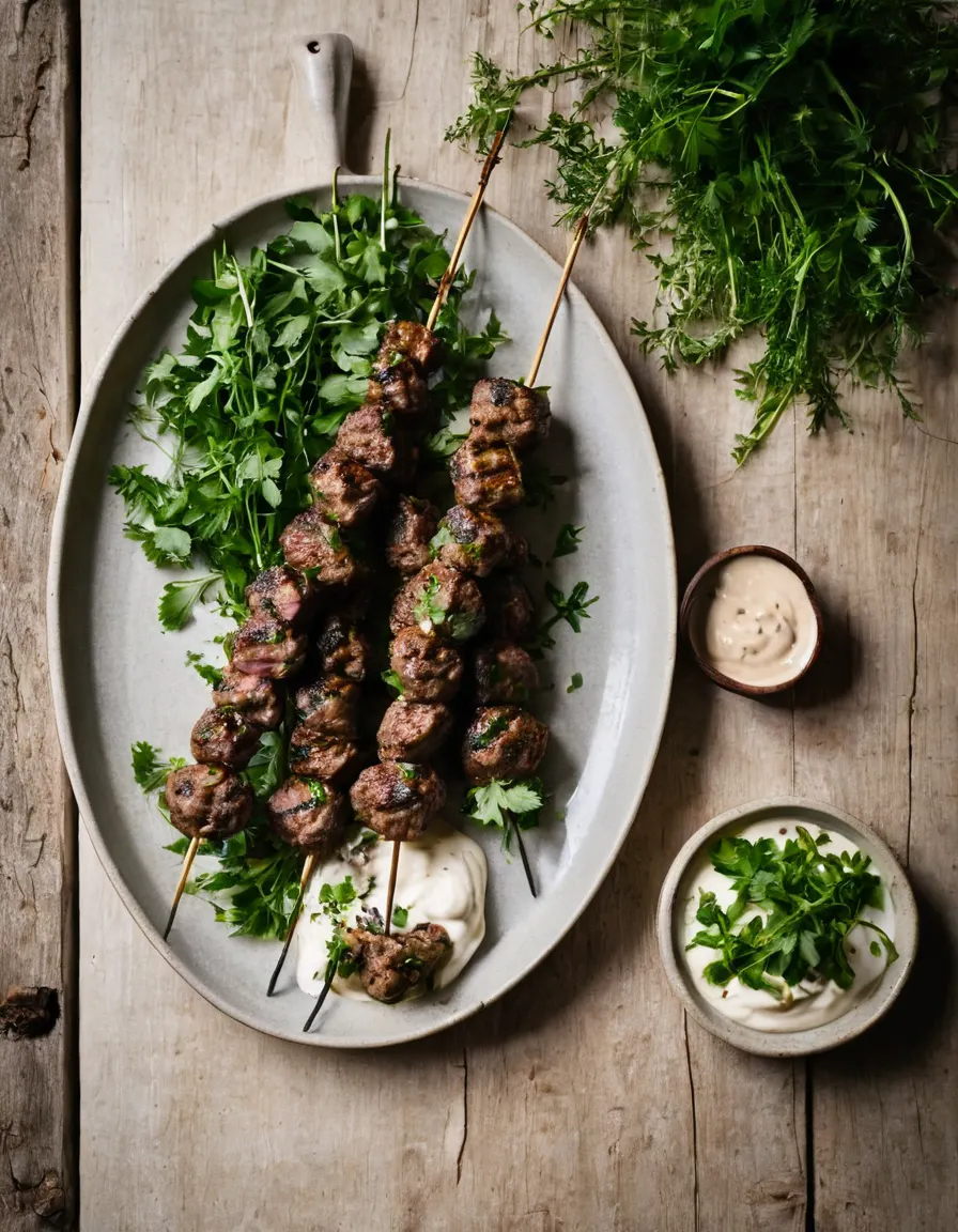 Grilled lamb kofta skewers with yogurt-tahini sauce