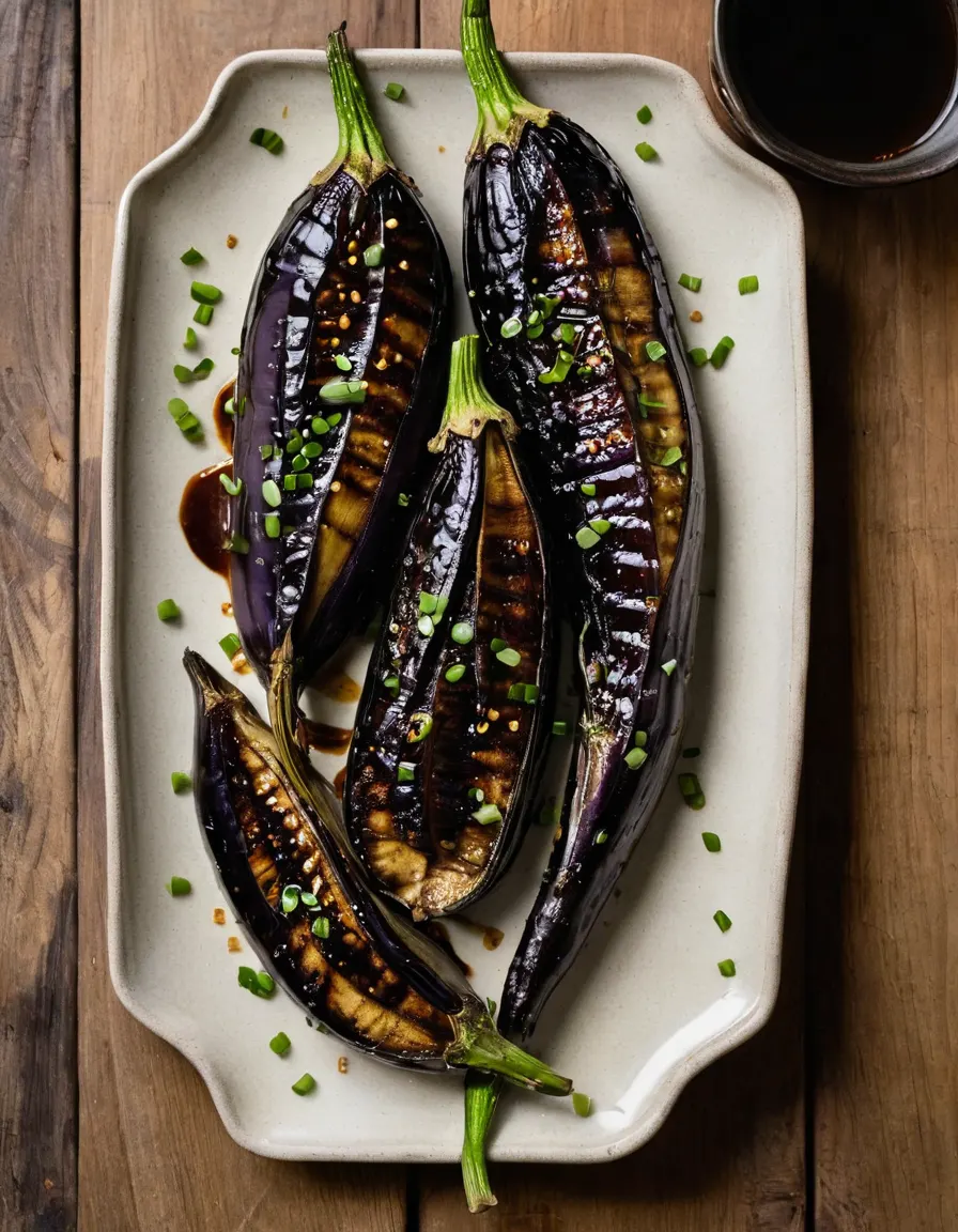Broiler-charred eggplant halves with miso glaze and scallions
