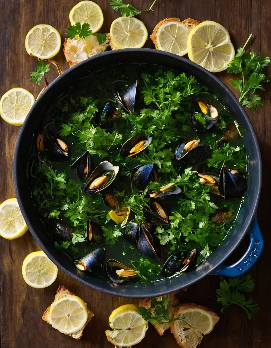 A bowl of steamed mussels in open shells sitting in a garlicky white wine broth, topped with chopped parsley, with lemon wedges and crusty bread alongside.