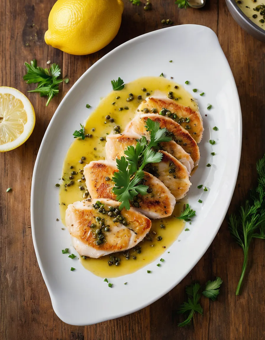 Golden pan-seared chicken cutlets topped with a glossy lemon-caper sauce and chopped parsley on a white plate