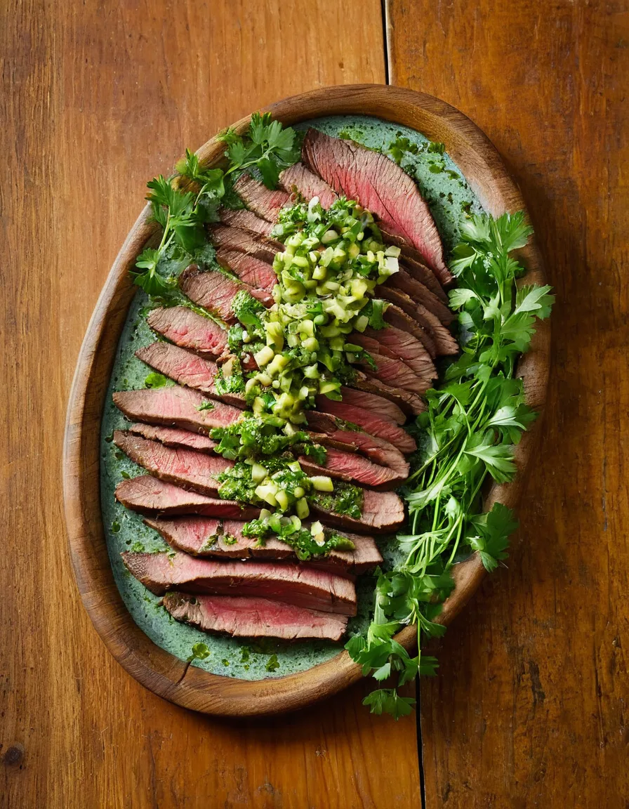 Sliced seared flank steak fanned on a platter and topped with bright green herb salsa verde