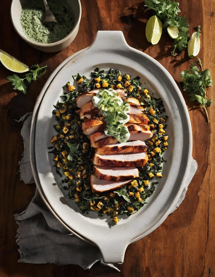 Seared chicken cutlets topped with a creamy corn and poblano sauce in a skillet, garnished with cilantro