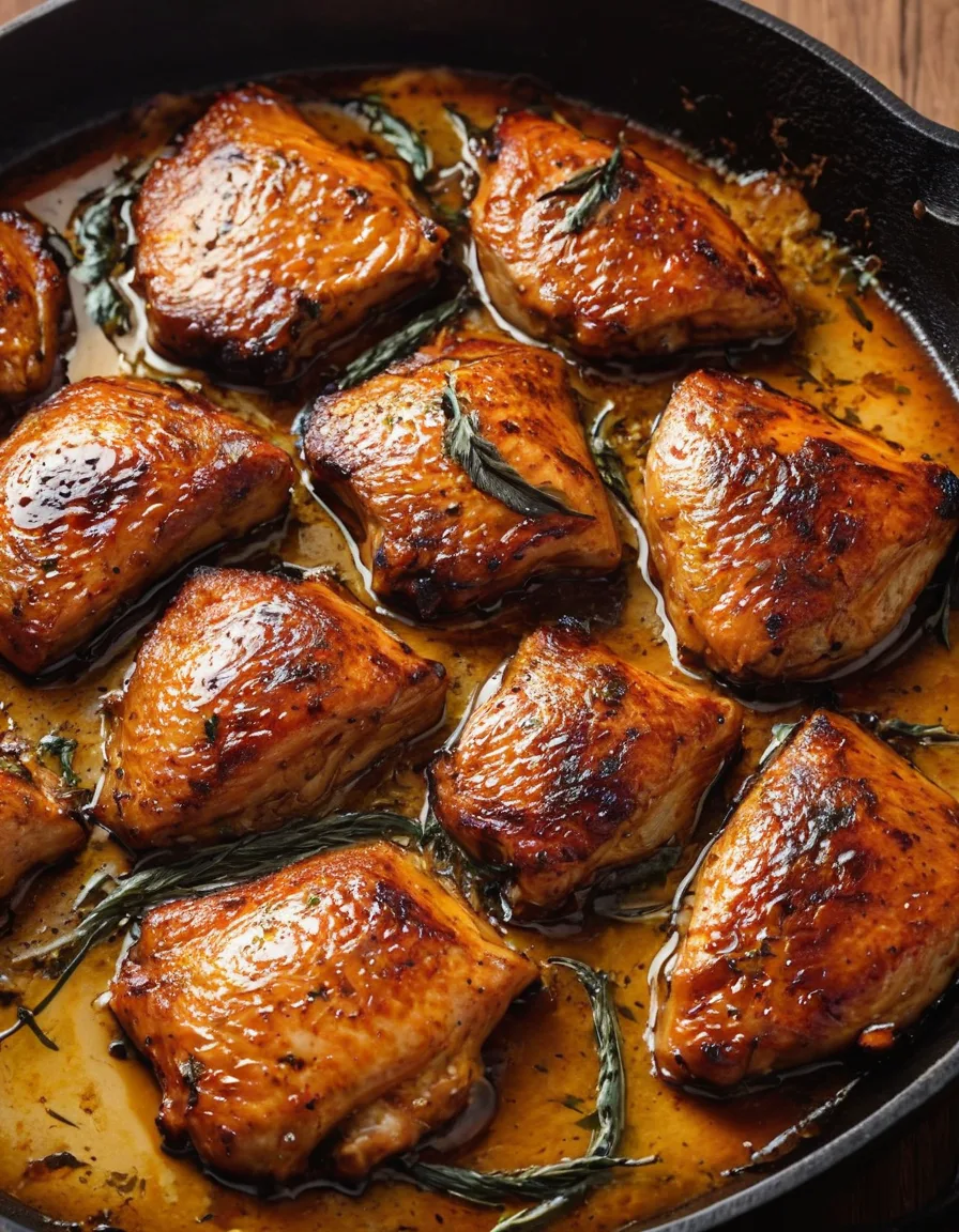 Seared chicken thighs with crisp skin in a skillet, topped with sliced apples and a glossy cider pan sauce