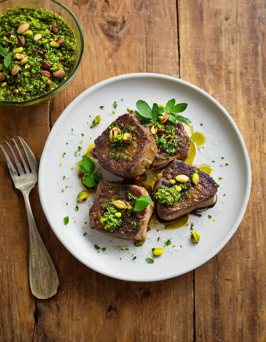 Seared lamb loin chops with a deep brown crust, topped with bright green mint-pistachio gremolata, on a white plate