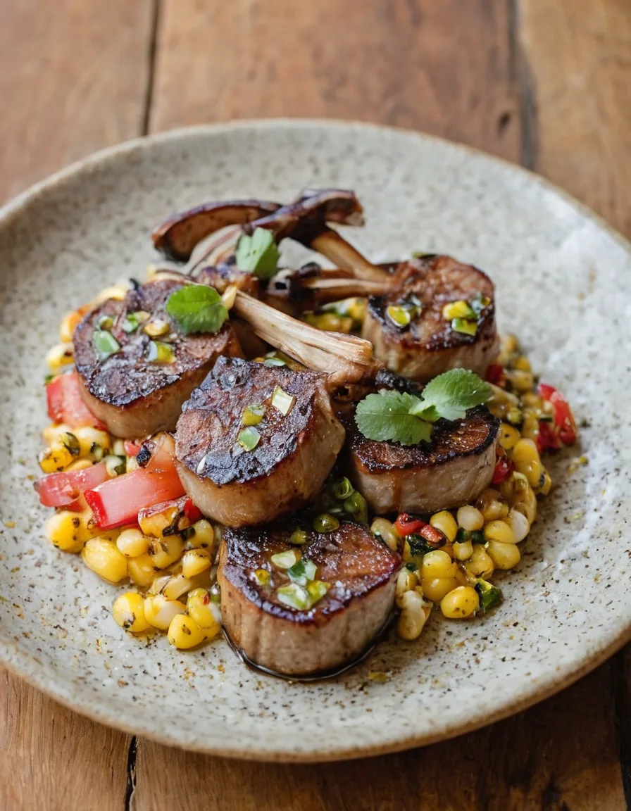 Seared lamb loin chops topped with charred corn, mint, and feta relish on a white plate