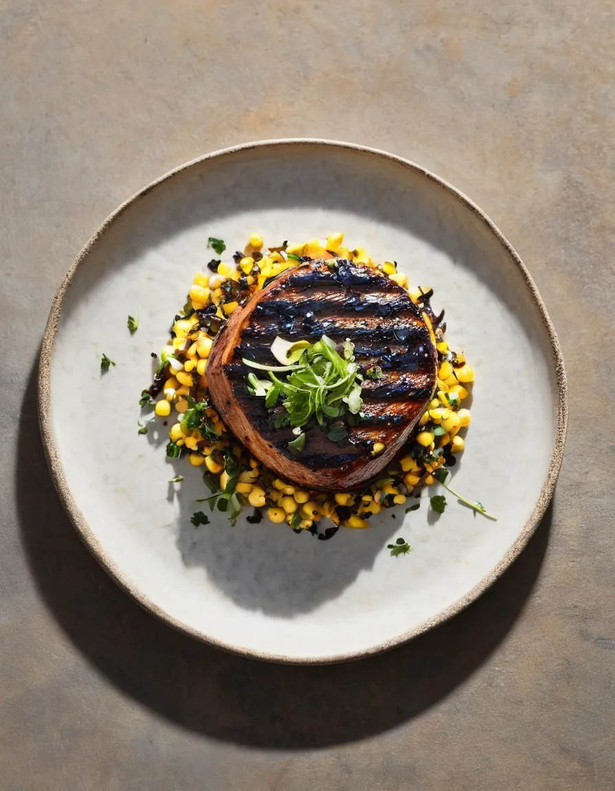 Seared pork chops topped with a charred corn and poblano relish on a white plate