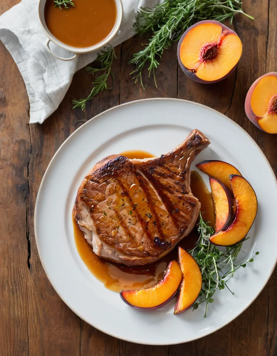 A seared bone-in pork chop topped with charred peach slices and glossy pan sauce on a white plate