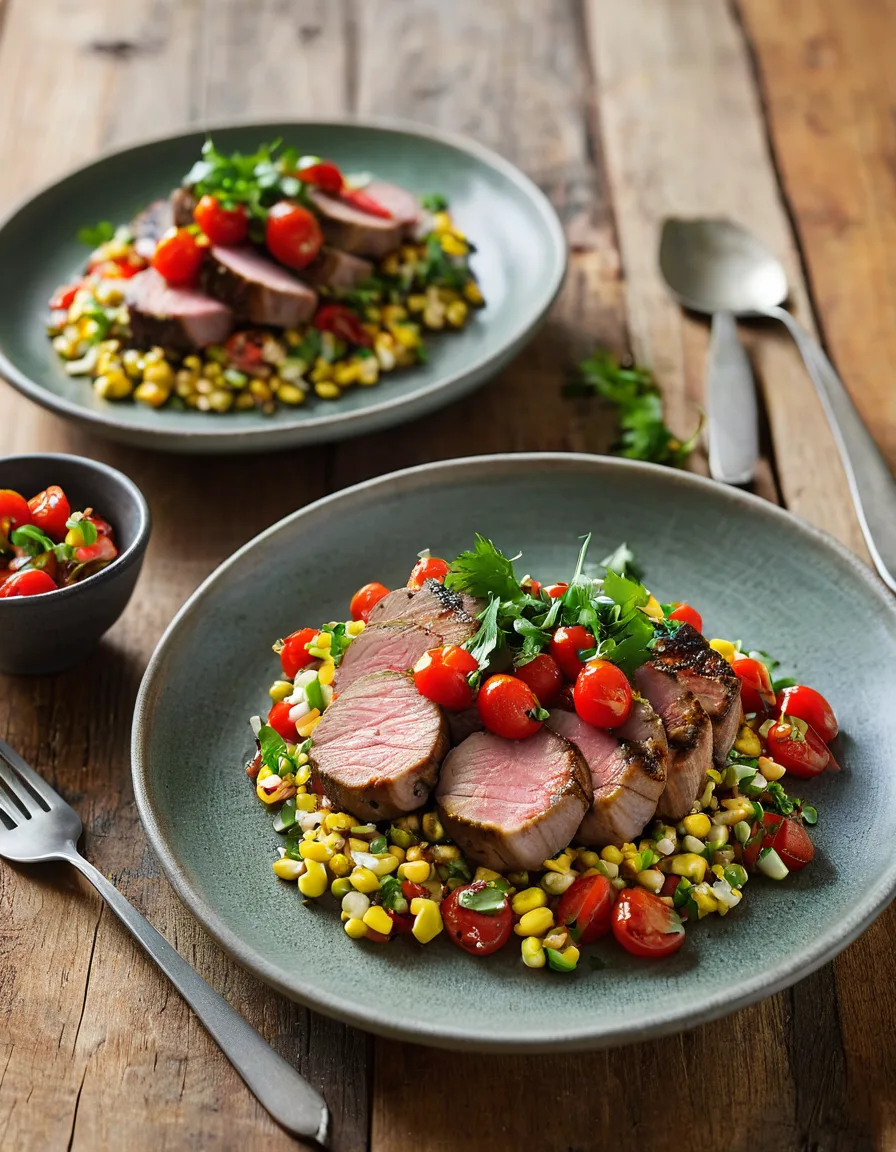 Seared pork medallions topped with charred corn and cherry tomato salsa on a ceramic plate