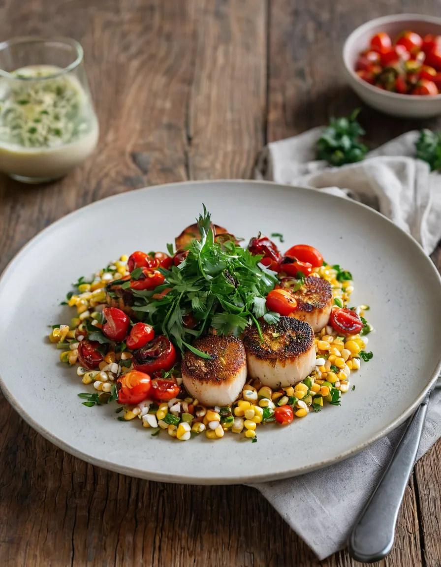 Seared scallops topped with charred corn and tomato relish on a white plate