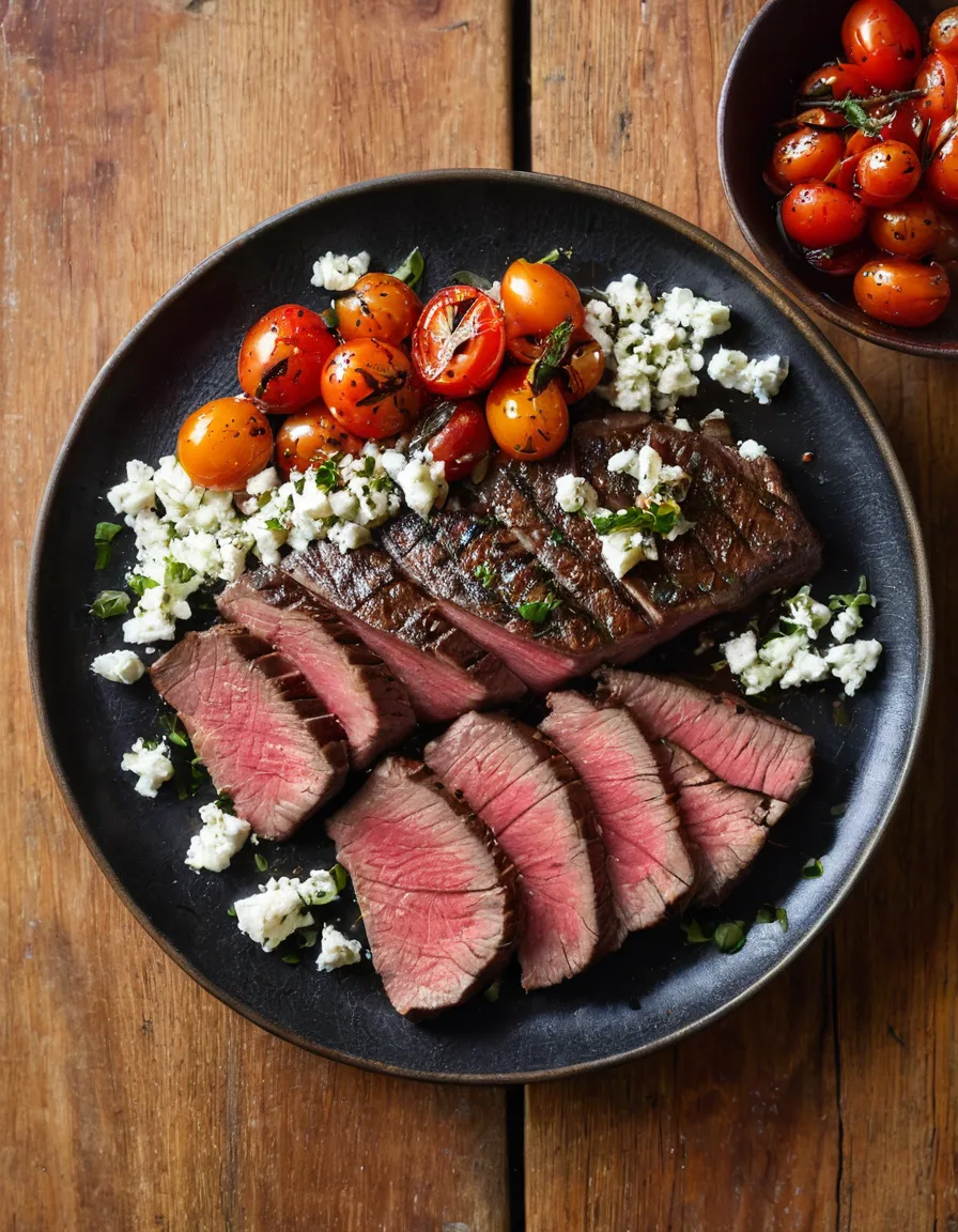 Sliced seared sirloin steak topped with charred cherry tomato and feta salsa on a rustic plate