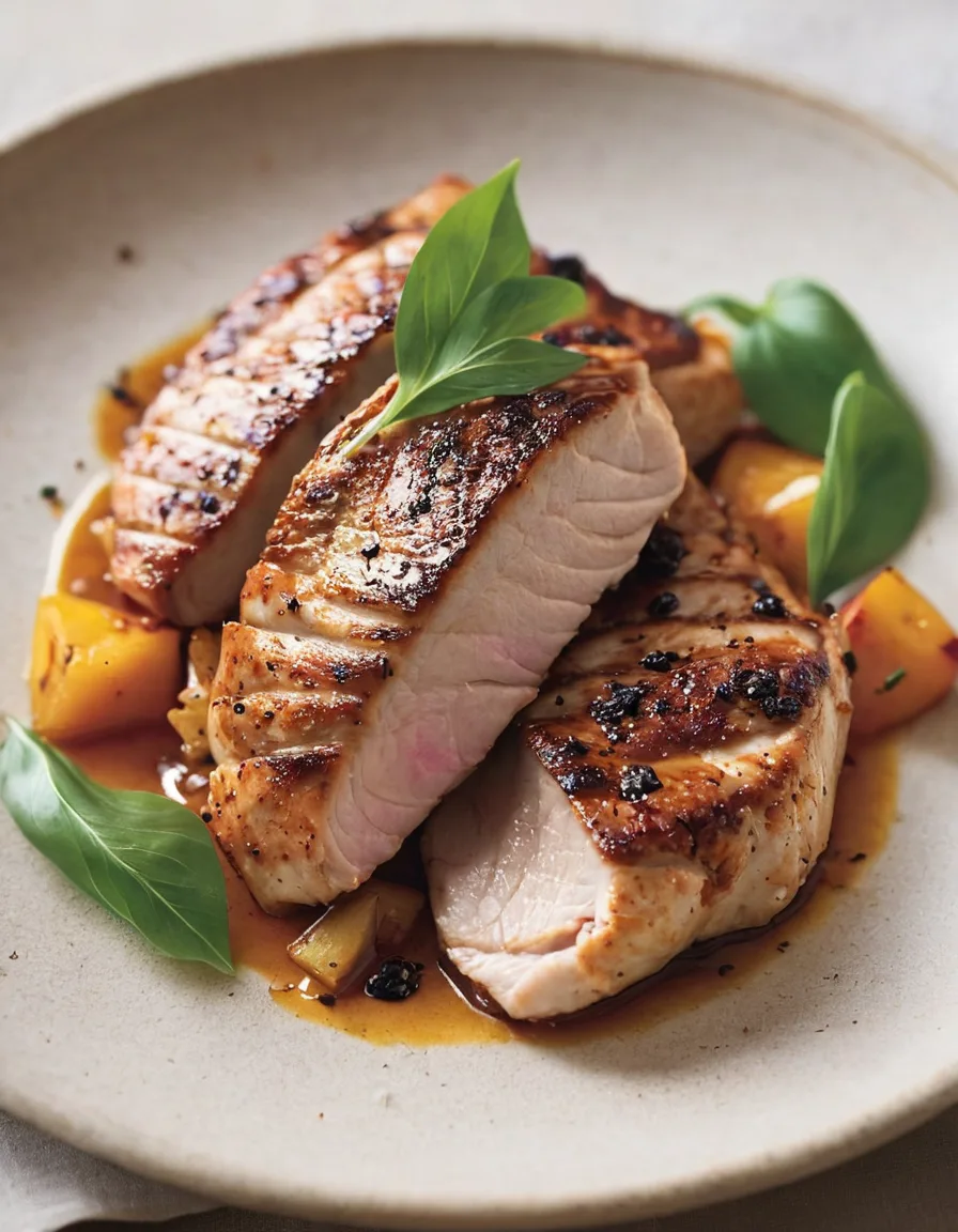 Golden pan-seared turkey cutlets topped with a glossy peach and basil pan sauce on a white plate
