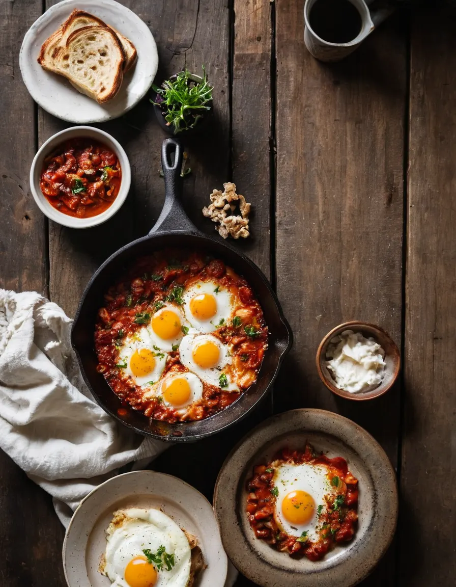 Shakshuka with eggs poached in spiced tomato-pepper sauce