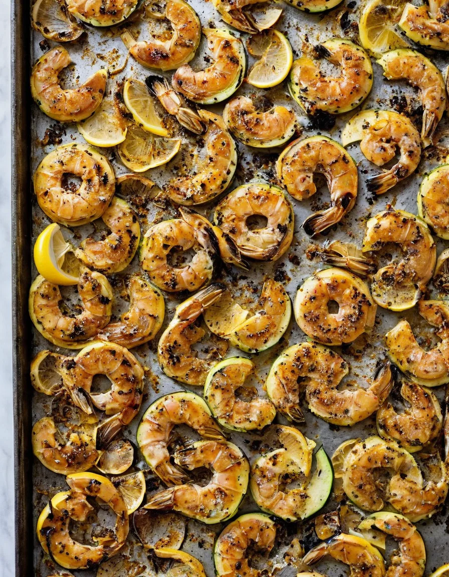 Sheet pan of broiled shrimp, charred zucchini, and blistered cherry tomatoes topped with lemon zest and parsley