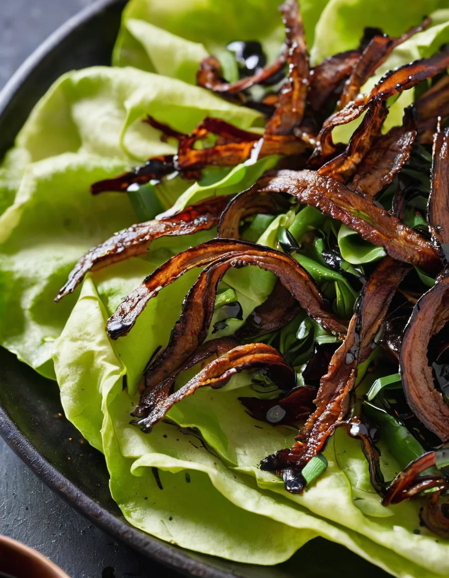 Seared thin-sliced beef piled into butter lettuce cups, topped with scallions and sesame seeds on a wooden board