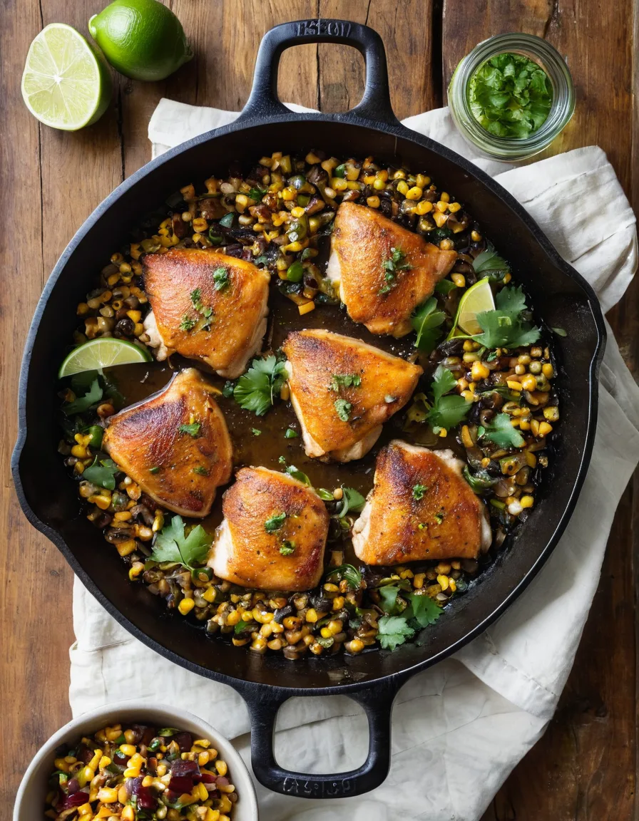 Seared chicken thighs in a skillet topped with charred corn, poblano, and cilantro relish