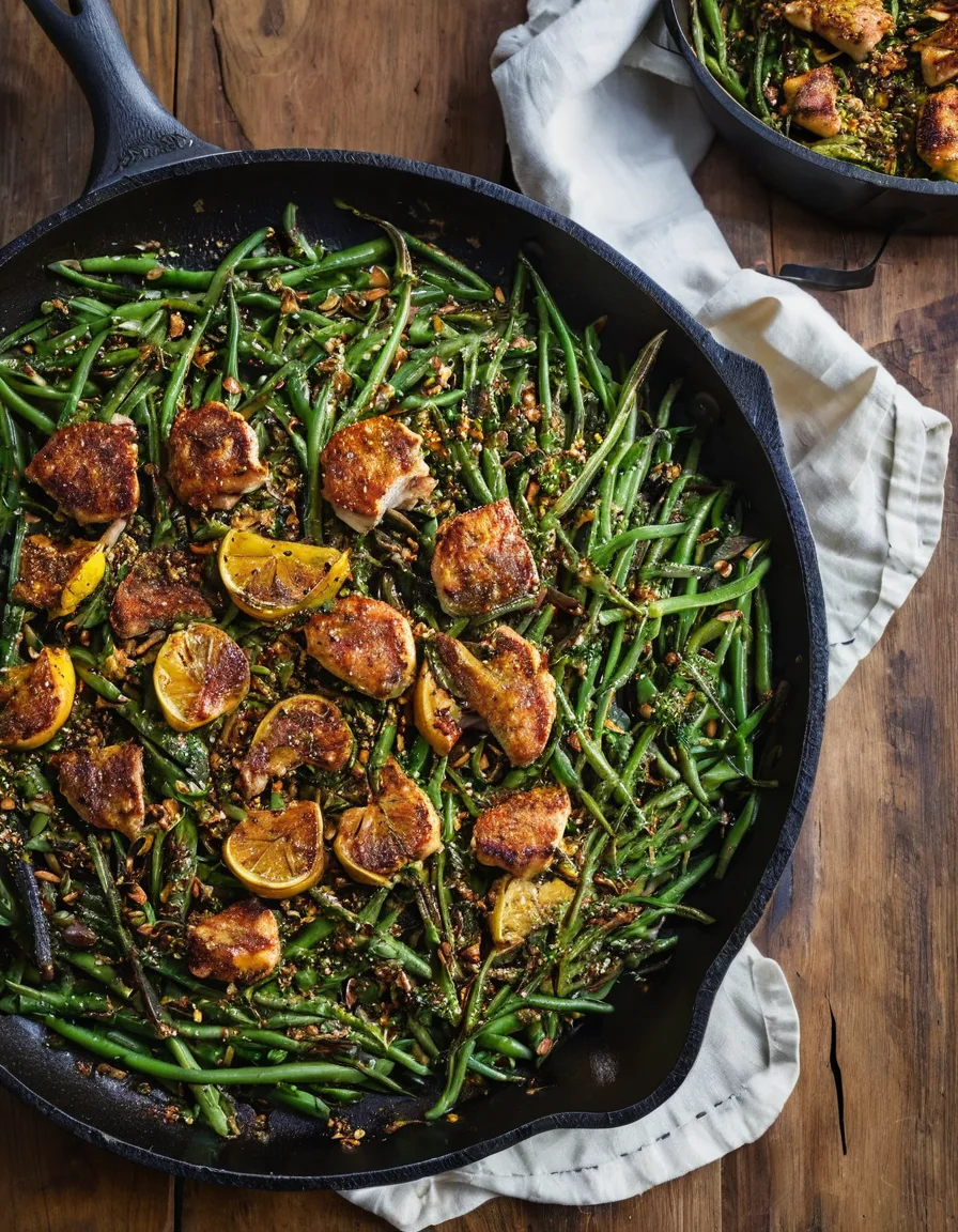 Crispy skin-on chicken thighs in a skillet surrounded by charred green beans, toasted almonds, and lemon wedges, garnished with chopped parsley