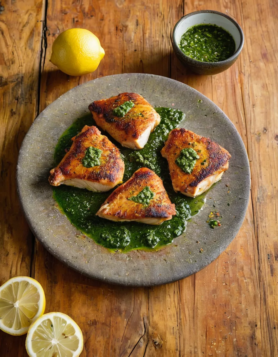 Crispy skillet chicken thighs topped with bright green chimichurri and a charred lemon half