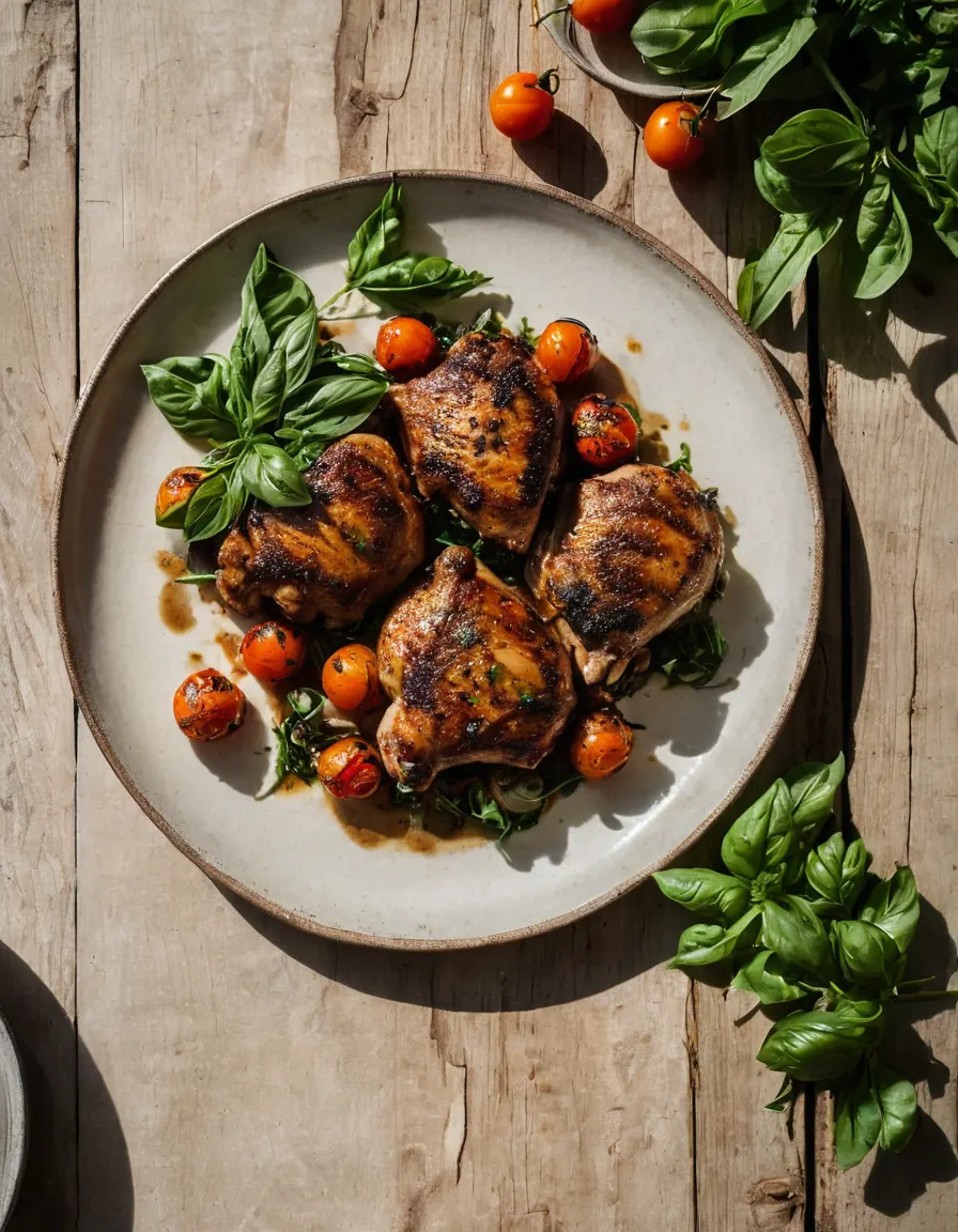 Skillet chicken thighs with blistered cherry tomatoes and basil