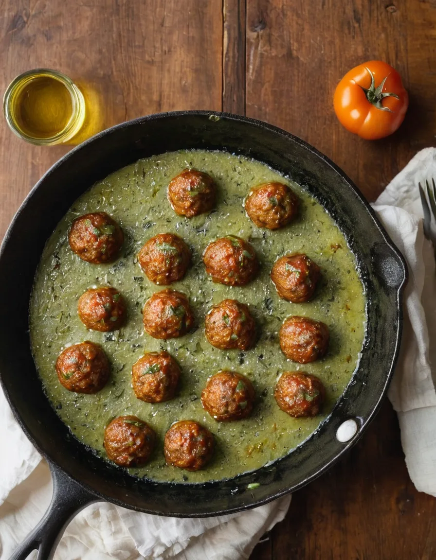 Turkey meatballs in a charred zucchini and tomato sauce in a cast iron skillet, topped with torn basil