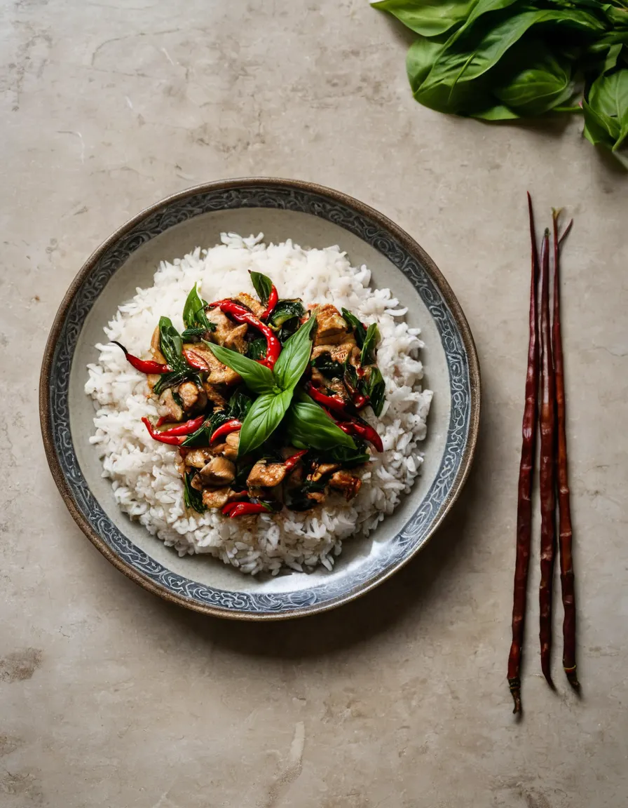 Thai basil chicken stir-fry with fresh basil and chilies