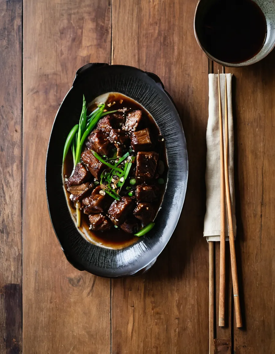 Vietnamese caramel-braised pork in a dark glossy sauce with scallions